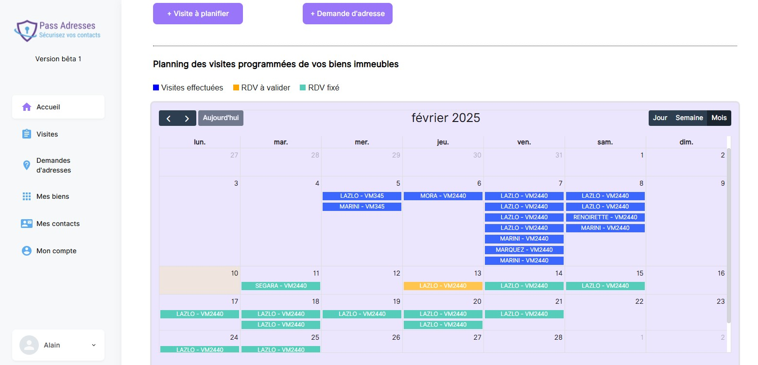 Interface du tableau de bord Pass Adresses